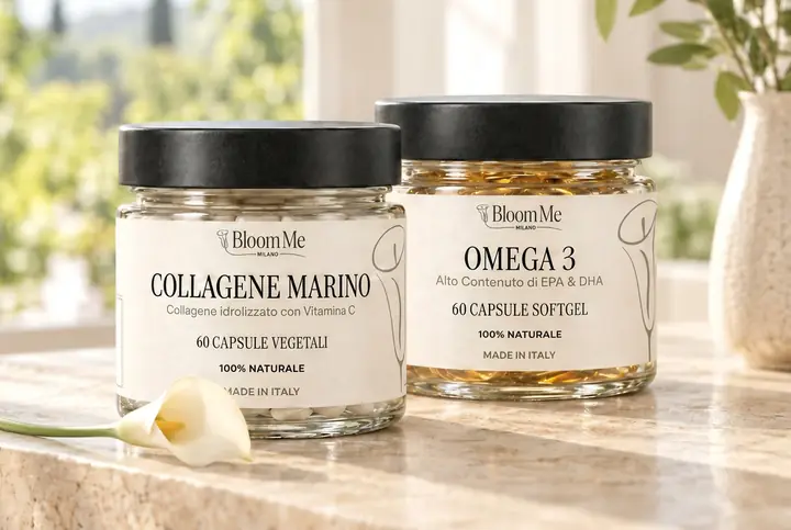 Barattoli di Omega 3 e Collagene Marino BloomMe su un davanzale luminoso con una calla